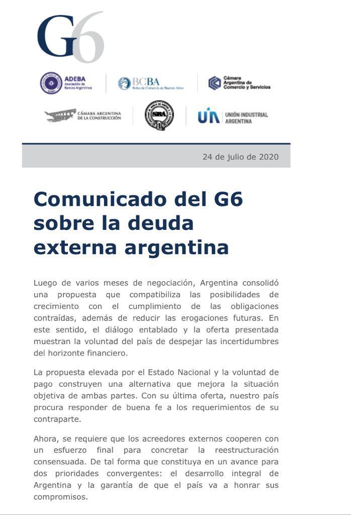 Comunicado del G6 sobre la deuda externa argentina